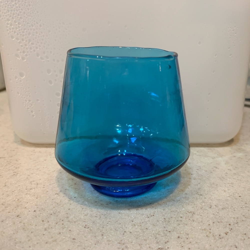 Vintage hand blown glass candle holder case blue